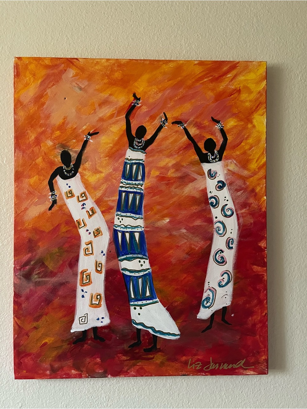 Original Signed Liz Durand African Folk Art Canvas Painting 20”x 16”
